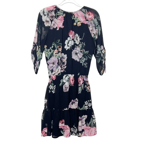 YUMI KIM Steffee Floral Silk Dress 3/4 Sleeve Fit & Flare Tie Front Black Size M - Picture 3 of 5